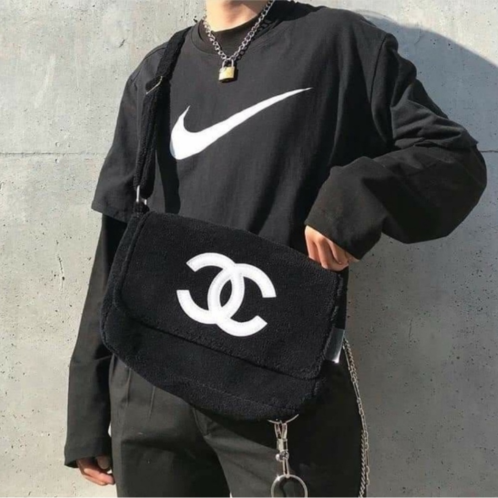 CHANEL Black & White Logo Messenger Crossbody & Shoulder Bag